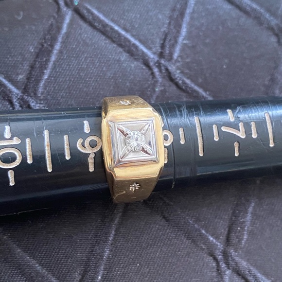 14K Yellow White Gold Diamond Signet Ring - Picture 5 of 10